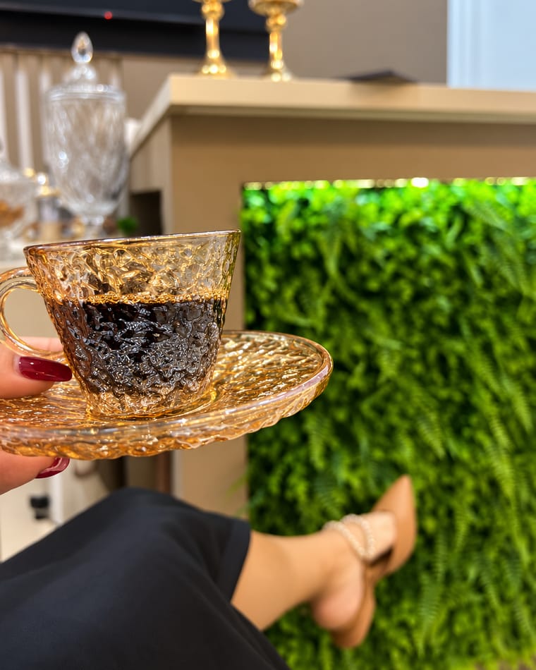 Xícara de café servida à paciente, com a parede verde da recepção ao fundo