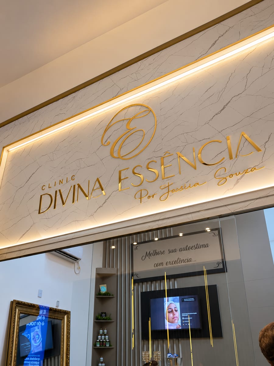 Recepção da clínica no Center Shopping, com o letreiro Divina Essência em dourado sobre mármore